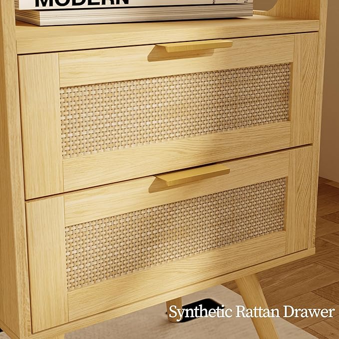 Rattan Nightstand,Farmhouse Bedside Table with 2 Storage Drawer and Open Wood Shelf, for Bedroom and Small Spaces,Night Stand with Solid Wood Legs (Yellow Oak)