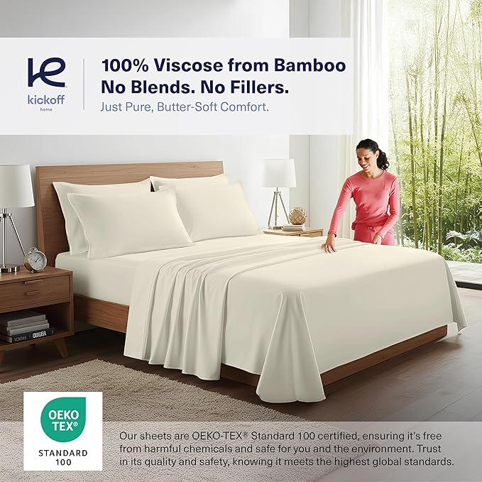 Kickoff Viscose Bamboo Sheets Twin Size 3-pc 100% Organic Bamboo Viscose Bed Cooling Sheets Twin Size Set Cool Bedding for hot Sleepers Sheet, Flat, Fitted, Pillowcase (Buttercream, T)