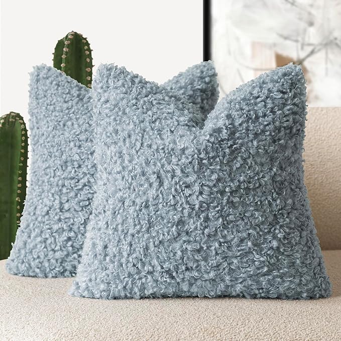 Foindtower 2 Pieces 26x26 Inch Misty Blue,Faux Fur Throw Pillow Cover Accent Sherpa Furry Pillow Covers Fuzzy Soft Pillowcases Cozy Sheepskin Decorative Fleece Cushion Case for Bed Couch Living Room