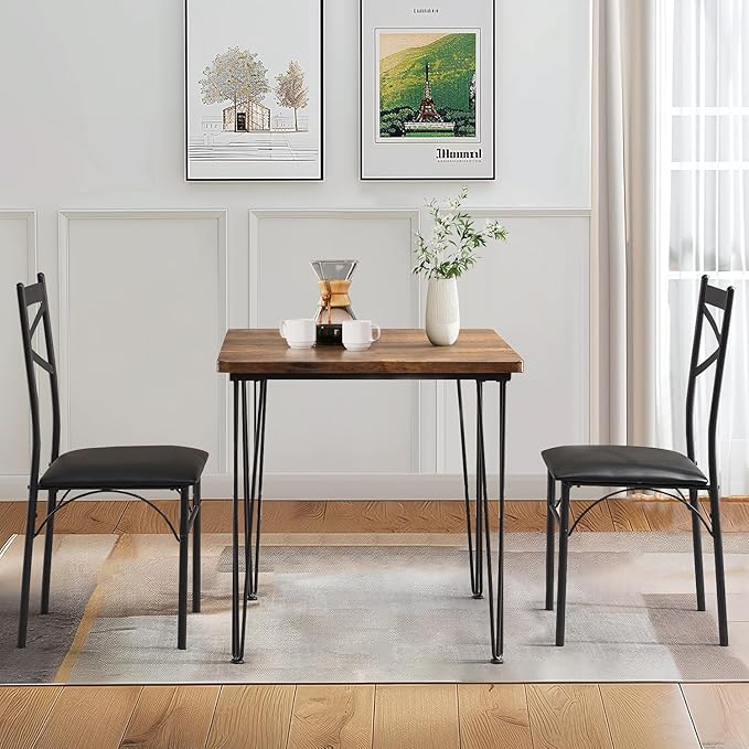 VECELO Kitchen Dining Room Table Set with 2 Chairs for Small Space, Apartment,Metal Steel Frame
