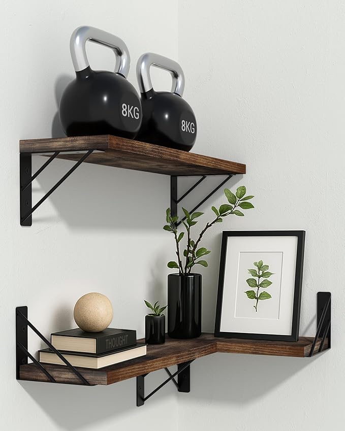 BAYKA Wall Shelves for Bedroom Decor, Floating Wall Shelves for Living Room Kitchen Storage, Wall Mounted Rustic Wood Floating Shelves for Kids Books,Corner Shelves for Bathroom(Set of 3)