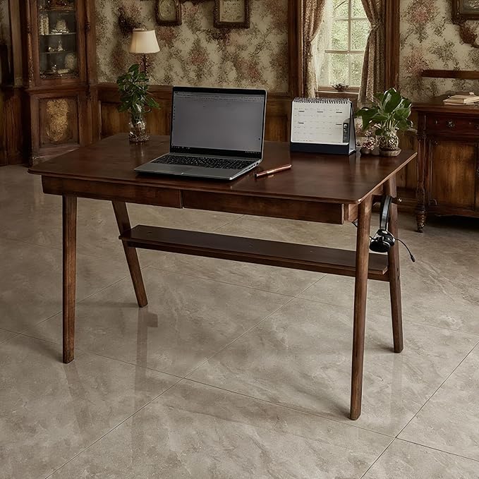 Oak Desk with Drawers, Solid Wood Desk with Bookshelf Small Computer Desk for Small Spaces Mid-Century Modern Wood Writing Desk with 2 Drawers for Home Office 39"