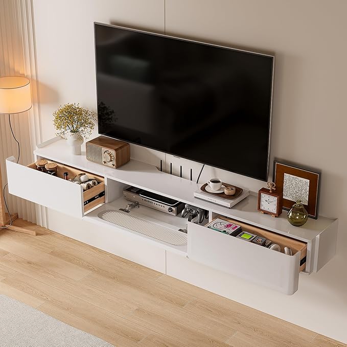Floaticase Floating TV Stand, 94IN Fully Assembled Hign Gloss Wall Mounted Entertainment Center with Flip-Down Door & Drawers, Under TV Shelf with Large Storage for Living Room, Bedroom