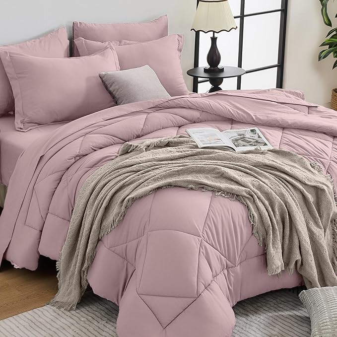 HEVUMYI Rose Gold Cali-King Comforter Set - 7-Piece All Season Bed in a Bag Cali-King, Ultra Soft Bedding Set with Comforter, Flat Sheet, Fitted Sheet, Pillowcases, Pillow Shams