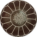 Stuffed Round Design Moroccan Leather Pouf Ottoman, Handmade, Pre-Filled, 100% Genuine Leather, 13” Height x 20” Diameter, Footstool & Living Room Décor (Chocolate)