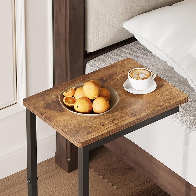 Side Table,C Table with 2-Tier Storage Shelf, End Table TV Tray with Metal Frame, Sofa Table with Wheels for Living Room, Bedroom, Office, Bathroom, Easy Assembly, Brown