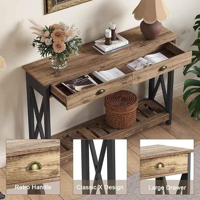 ChooChoo Farmhouse Console Table with Drawer for Entryway, Narrow Long Entry Table with Shelf for Living Room, Rustic Vintage Hallway Sofa Table with Stable X Supports, 40 Rustic Oak & Black