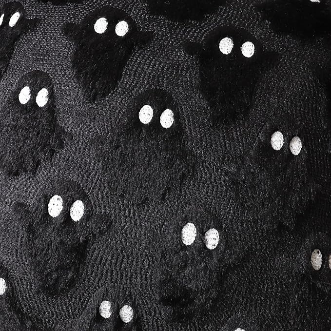 4TH Emotion Halloween Ghost Decorative Pillow Covers 16x16 Set of 2, Black Soft Plush Faux Fur Farmhouse Throw Cushion Cases for Fall Autumn Holiday Home Decorations