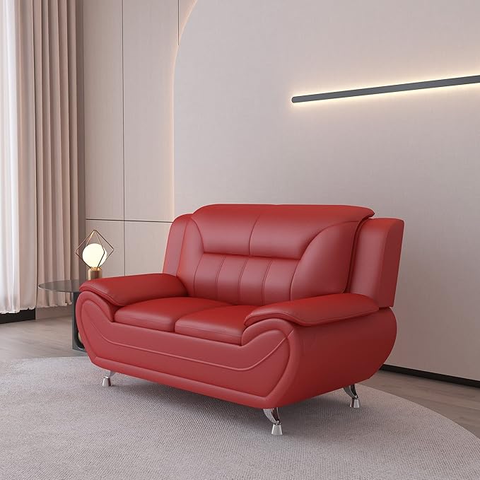 Container Furniture Direct Michael Modern Faux Leather Upholstered Stainless Steel Legs Living Room, Chair, Loveseat, Sofa, White Dove