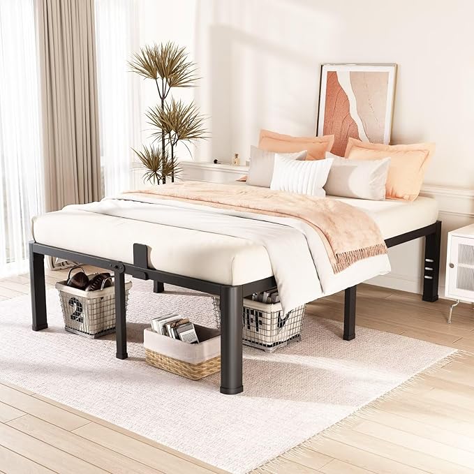 18 Inch California King Bed Frame with Rounded Corner and Headboard Hole Mattress Retainers 3500 LBS Metal Heavy Duty Steel Slats Support No Box Spring Needed Platform Noise Free Easy Assembly