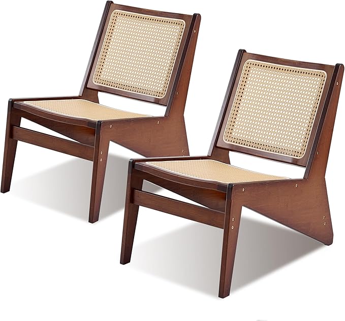 Rattan Chair 2Pcs, Mid-Century Accent Chair, Rattan Lounge Chair for Living Room, Boho Side Corner Comfy Chair for Bedroom and Balcony, Walnut