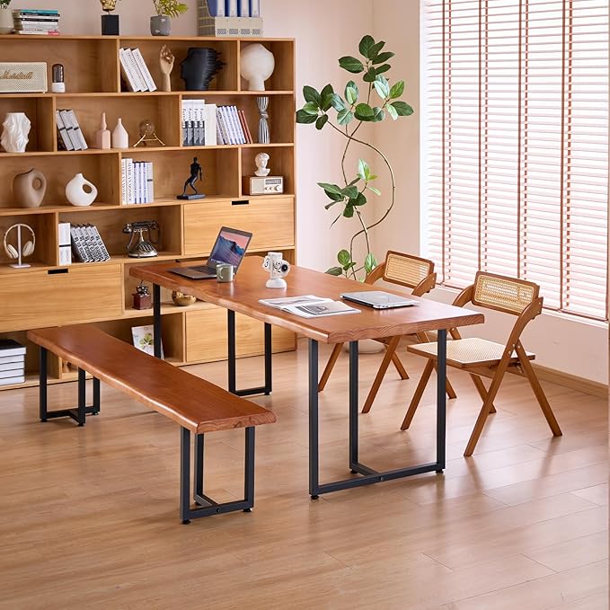 Durable Solid Wood Top Bench with Metal Triangular Legs – Stylish Long Dining Bench for Home, Office, Restaurant & Patio Chair (Wooden Brown Bench, 62.99in)