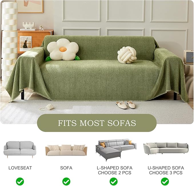 STACYPIK Matcha Green Sofa Cover Christmas Chenille Couch Covers Herringbone Sofa Covers for 3 Cushion Couch Thick Couch Covers Blanket Wear-Resistant Furniture Cover for Kids Dogs Decor-91X150IN