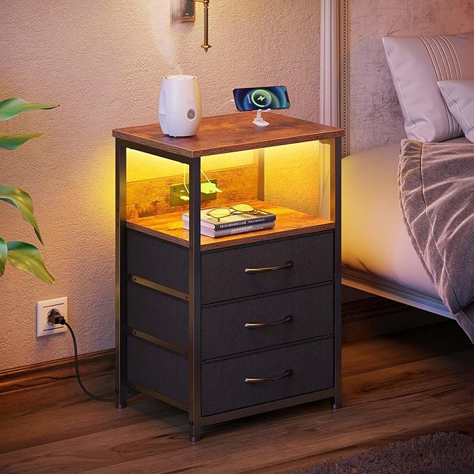 Seventable Nightstand with Charging Station and LED Light, Side Table with 3 Fabric Drawers, Bedside End Table with USB Ports and Outlets, Night Stand for Bedroom, Rustic Brown