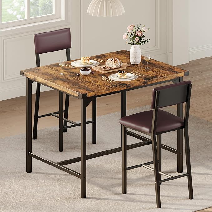 IDEALHOUSE Dining Table Set for 2 w/Counter Height Table & 2 Upholstered Bar Stools, 3-Piece Kitchen Table Set with Footrest & Corner Protector, for Kitchen Room, Apartment, Pub