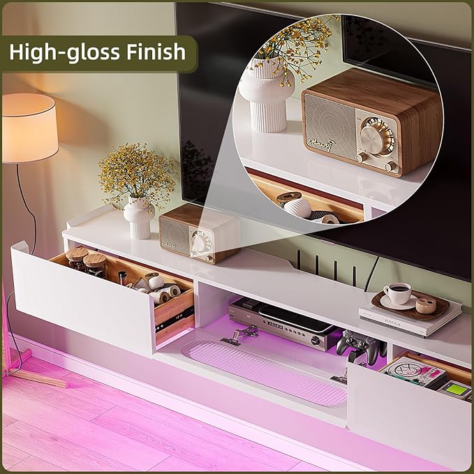 Floaticase Floating TV Stand, 94IN Fully Assembled Hign Gloss Wall Mounted Entertainment Center with Flip-Down Door & Drawers, Under TV Shelf with Large Storage for Living Room, Bedroom
