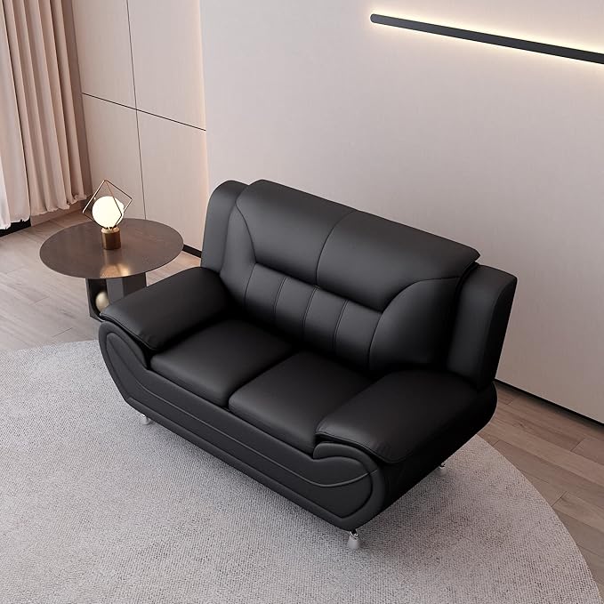 Container Furniture Direct Michael Modern Faux Leather Upholstered Stainless Steel Legs Living Room Sofa, Loveseat, Midnight