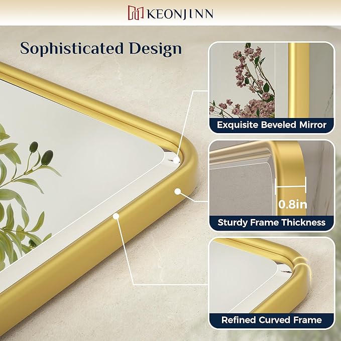 Keonjinn Brushed Gold Pivot Mirror Bathroom, 20x30 in Tilt Mirror Bathroom for Over Sink, Rounded Corner Modern Pivot Rectangle Mirrors, Metal Framed Beveled Bathrooms Mirror (Horizontal/Vertical)