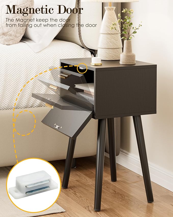 Night Stand Set 2, Black Nightstand with Fluted Doors, Small Modern Mid-Century Bedside Table for Bedroom, End Table for Living Room