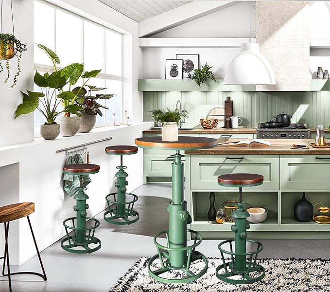 Topower Antique Industrial Round Bottom Adjustable Height Cafe Coffee Retro Vintage Stylish Water Pipe Design Pub Kitchen Bar Stool (Antique Green, Wooden Top)