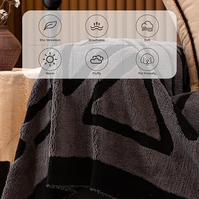 HANDONTIME Dark Grey Short Plush Couch Cover for Sofa Boho Faux Fur Sofa Covers Black Geometric Couch Sofa Slipcover for Pets Shu Velveteen Sofa Cover Washable Warm Soft Funny Fuzzy, 71" X118"