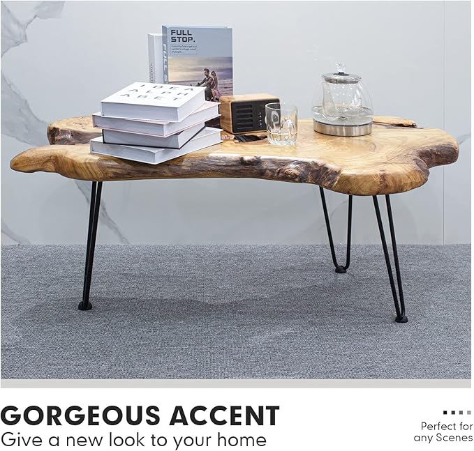 Live Edge Coffee Table, Natural Living Room Coffee Table with Clear Lacquer Finish and Metal Hairpin Legs,Unique Desktop