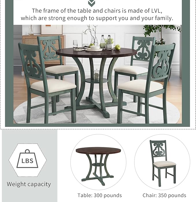 5-Piece Round Dining Table with Special-Shaped Table Legs and Storage Shelf,4 Fabric Chairs W/Cushioned Seat,for Dining Room Living Room,Antique Blue/Dark Brown