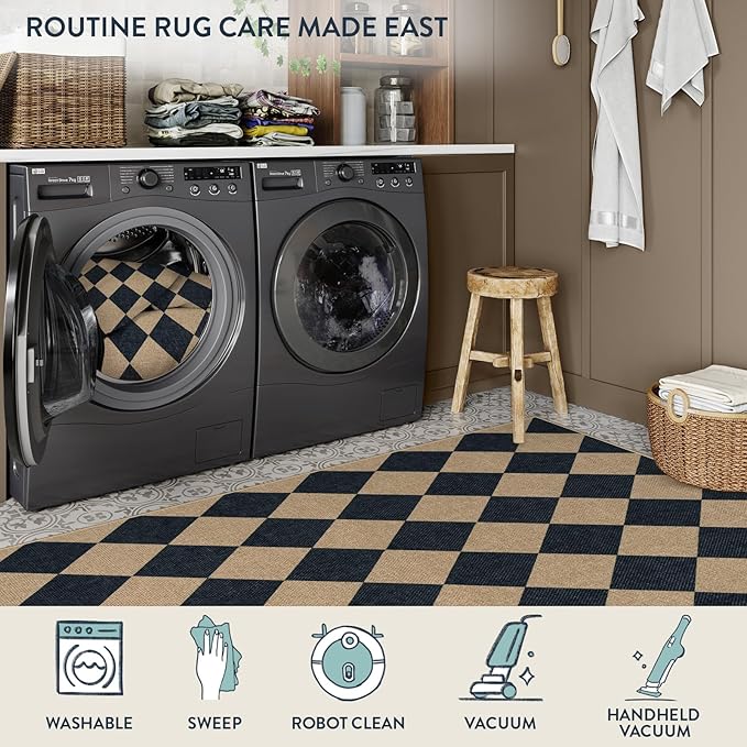 Lahome Checkered Easy Jute 5x7 Area Rugs, Washable Outdoor Patio Rug for Living Room Diamond Indoor Outdoor Carpet, Farmhouse Geometric Non Slip Black Carpet for Backyard Dining Room