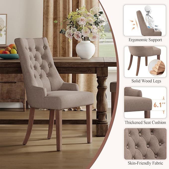 COLAMY Wingback Upholstered Dining Chairs Set of 6, Fabric Side Dining Room Chairs with Tufted Button, Living Room Chairs for Home Kitchen, Taupe
