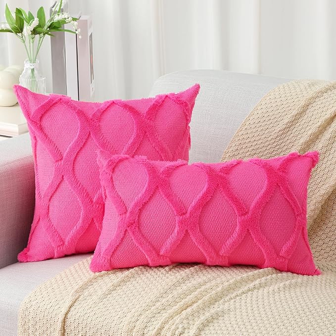 decorUhome Throw Pillow Covers 12x20 Inch Set of 2, Soft Plush Faux Fur Wool Lumbar Hot Pink Couch Pillow Covers, Decorative Neutral Pillow Cases for Bed Sofa Living Room Home Decor