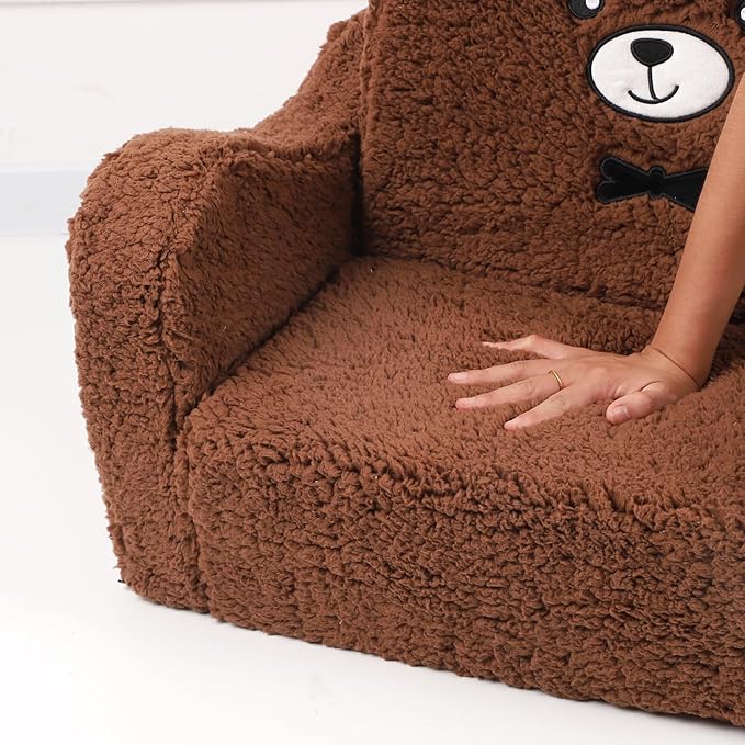 Kids Chairs for Toddler, 2-in-1 Toddler Soft Sherpa Couch Fold Out, Convertible Sofa to Lounger for Girls and Boys, Teddy Bear, Brown