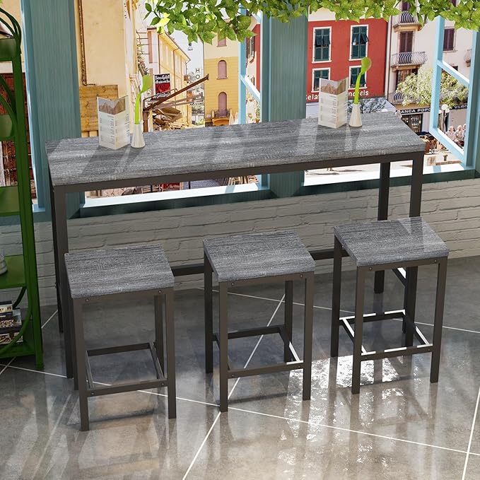 KEIKI 60.24” Long Bar High Top Dining Table and 3 Stools Chairs Set, Wood Behind Couch Sofa Counter Height Pub Furniture for Breakfast, Kitchen Living Party Room, Grey