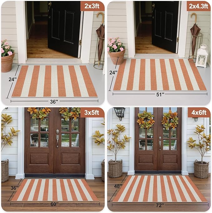 OJIA Fall Front Door Rug 24"x51" Halloween Doormat Striped Rug Cotton Woven Checkered Carpet Washable Front Door Mat Outdoor Small Area Rug for Porch Kitchen Entryway Patio Bathroom (Orange/White/Tan)