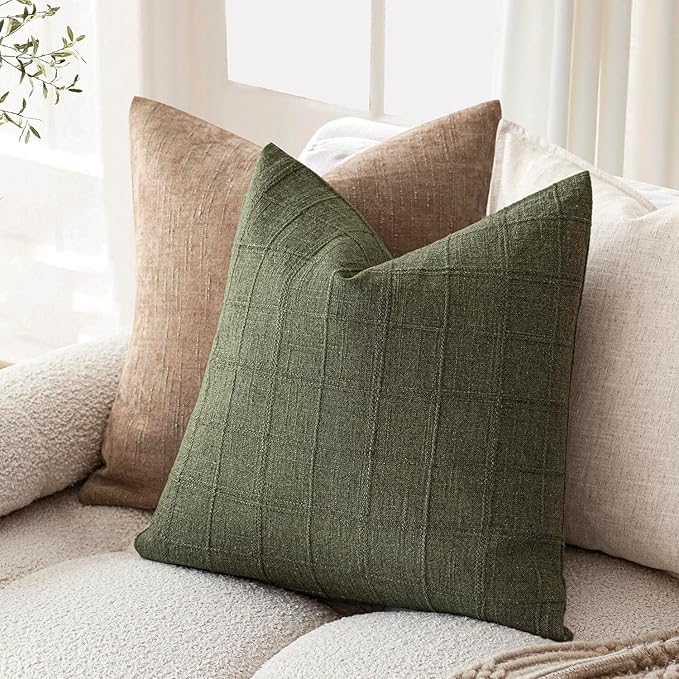 Foindtower Set of 2 Decorative Linen Check Throw Pillow Covers Neutral Farmhouse Vintage Cushion Covers Modern Boho Home Decor for Sofa Chair Couch Bedroom Living Room Outdoor,22×22 Inch,Olive Green