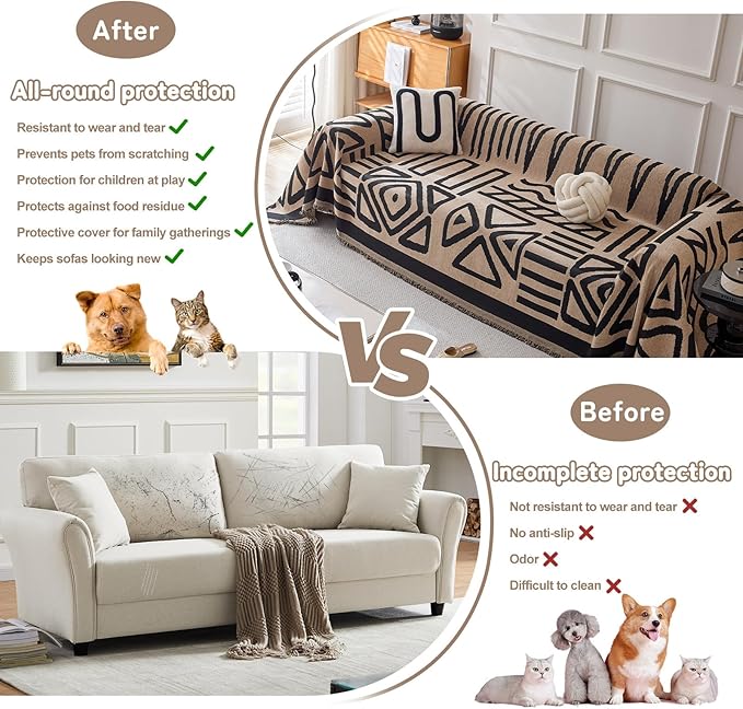 HANDONTIME Boho Geometric Couch Covers for Sofa Pet Friendly Taupe and Black Sofa Covers Washable Chenille Couch Blanket Cover for 3 4 Cushion Couches Pet Protector Furniture Cover Soft, 71" X 134"