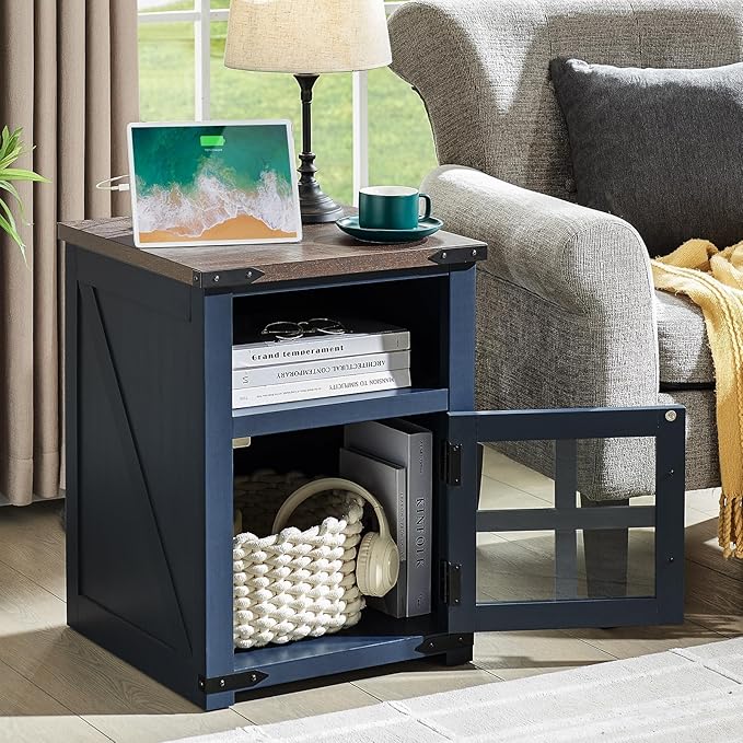 Farmhouse Nightstand with Charging Station, Rustic End Table with Tempered Glass Barn Door, Wood Sofa Side Bedside Table with Open Storage Shelf for Living Room, Bedroom, Blue