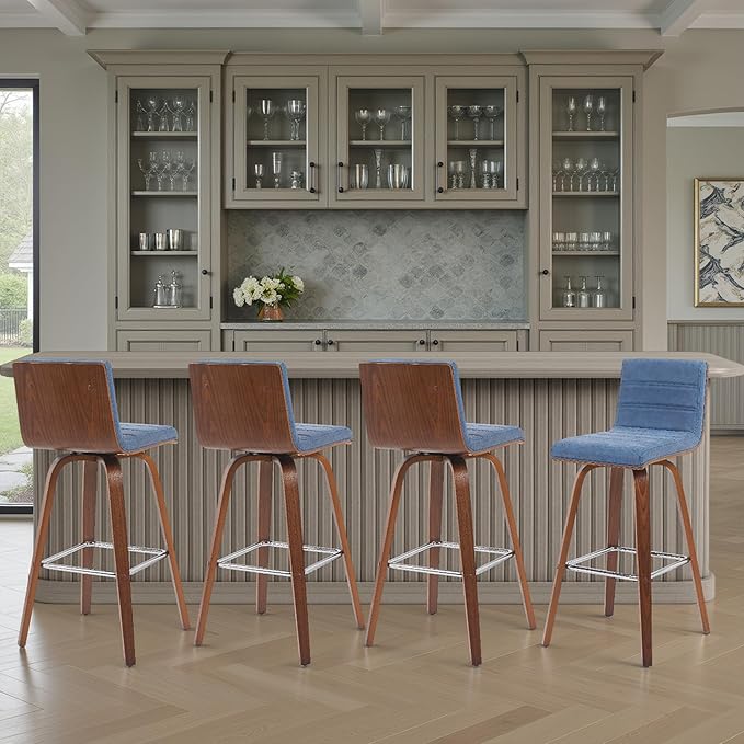 Vienna Modern Swivel Bar Height Stool with Vintage Blue Upholstered Seat and Walnut Finished Wood Frame Set of 4