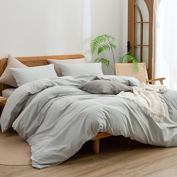 BESTOUCH Duvet Cover Set 100% Washed Cotton Linen Feel Super Soft Comfortable Chic Lightweight 2 PCs Home Bedding Set Solid Northern Droplet Grey Twin/Twin XL