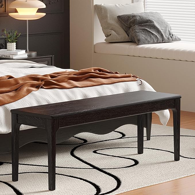 Dining Bench, Wood Bench Solid Oak Wooden Bench Indoor Dining Room Table Home Bedroom Bed End Restaurant Modern Hallway Furniture (Black, 39.4" W x 13.8" D x 17.7" H)