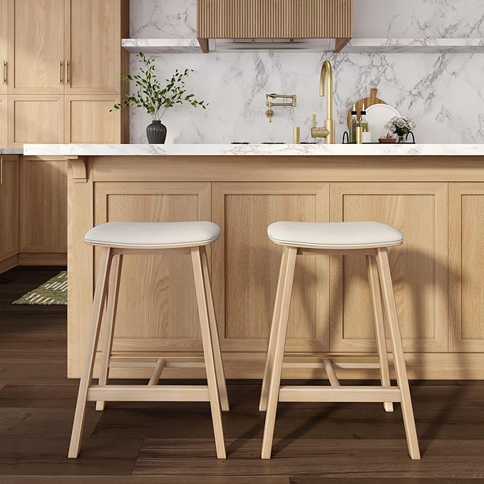 Plank+Beam Beryl Counter Height Stool - Mid-Century Modern Rubberwood Bar Stool with Faux Leather Seat, Metal Footrest, Easy Assembly, Blonde/Sesame