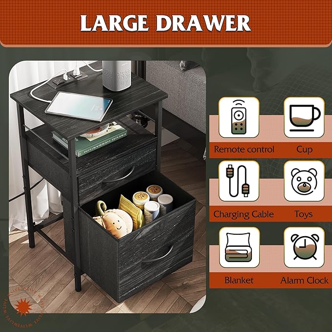 WLIVE Nightstand with Charging Station, Side Table with 2 Fabric Drawers, End Tables for Bedroom, Small Dresser, USB Ports and Outlets, Charcoal Black
