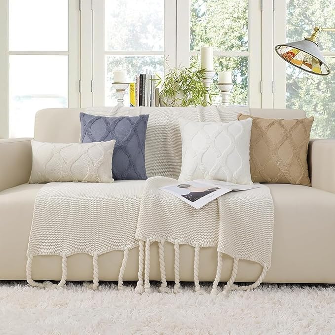decorUhome Throw Pillow Covers 18x18 Inch Set of 2, Soft Plush Faux Fur Wool Blue Grey Couch Pillow Covers, Decorative Neutral Pillow Cases for Bed Sofa Living Room Home Decor