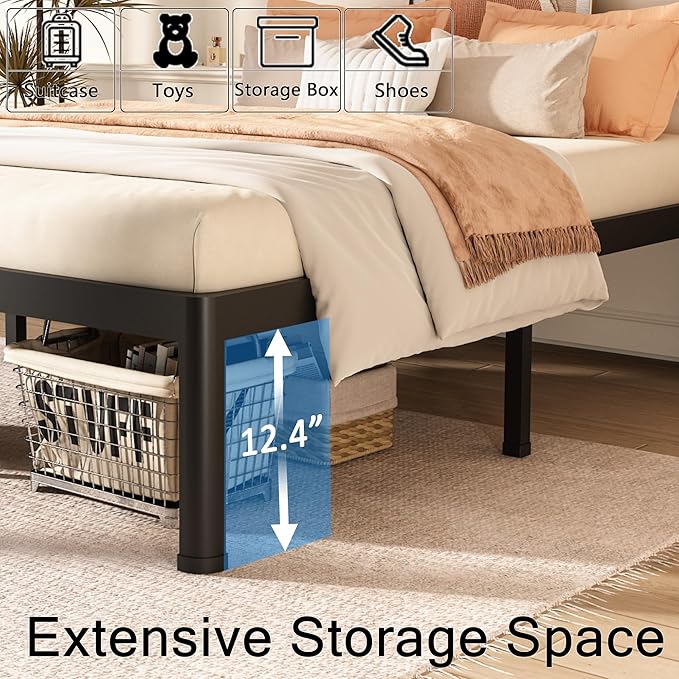 FUIOBYVV Queen Bed Frame with Round Corner Edge Legs, 14 Inch High 3500 lbs Heavy Duty Metal Platform Bed Frame Queen Size, No Box Spring Needed/Non-Slip/Steel Slat Support/Noise Free
