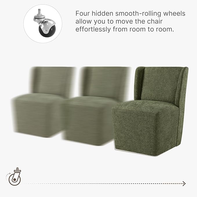 Upholstered Dining Chair with Casters Wingback Modern Side Armless Deskchair with Rollers for Diningroom Bedroom Livingroom Reading Room,Green,2 Box