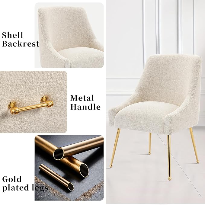 Modern Velvet Dining Chairs Set of 6, Contemporary Upholstered Furniture Collection with Polished Gold Metal Legs, Elegant Accent Chairs for Kitchen Living Room(Teddy Fleece,Beige)