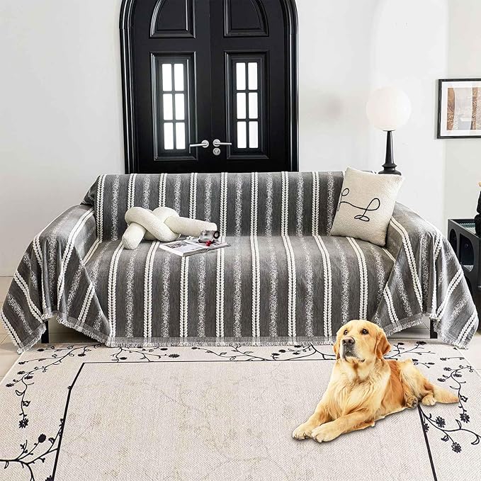 Couch Cover for Dogs Washable Sofa Cover, Sectional Couch Covers, Sofa Covers for 2 Cushion Couch, Non Slip Stripe Sofa Slipcovers Furniture Protector, Couch Protector from Cat Claws, Grey,71''x134''
