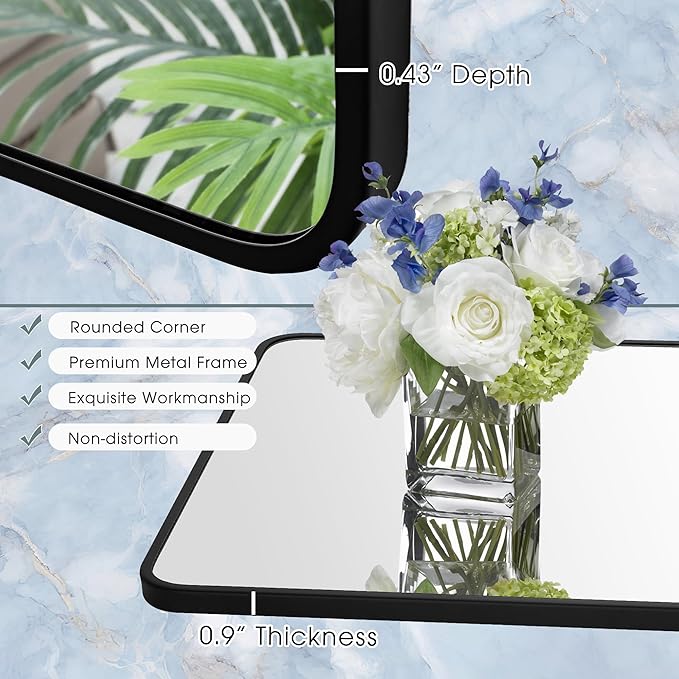 20x36 Inch Rectangle Bathroom Mirror with Black Metal Frame, Rounded Corner Rectangular Vanity Mirror for Wall, Modern Large for Bedroom, Living Room, Horizontal or Vertical