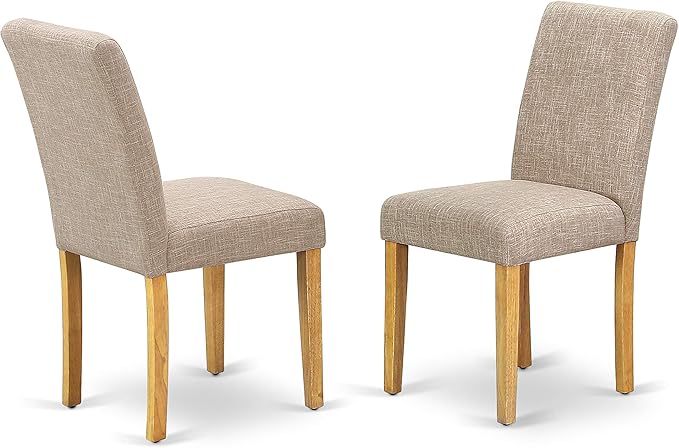 East West Furniture DLAB3-OAK-04 3 Piece Dining Room Furniture Set Contains a Round Dining Table with Dropleaf and 2 Light Tan Linen Fabric Parsons Chairs, 42x42 Inch, Oak