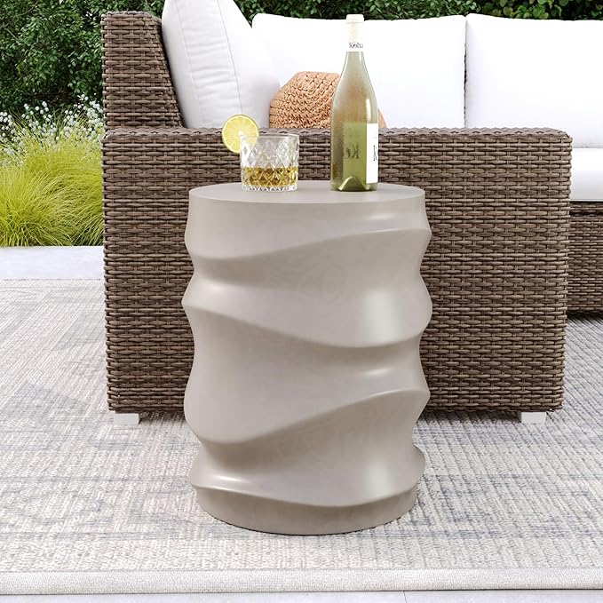 COSIEST Set of 2 Outdoor Side Table, 2 Pieces Concrete Table for Patio, Streamlined Lightweight Accent Decorative Patio Garden Stools, Plant Stand Drum Table, Round, Grey