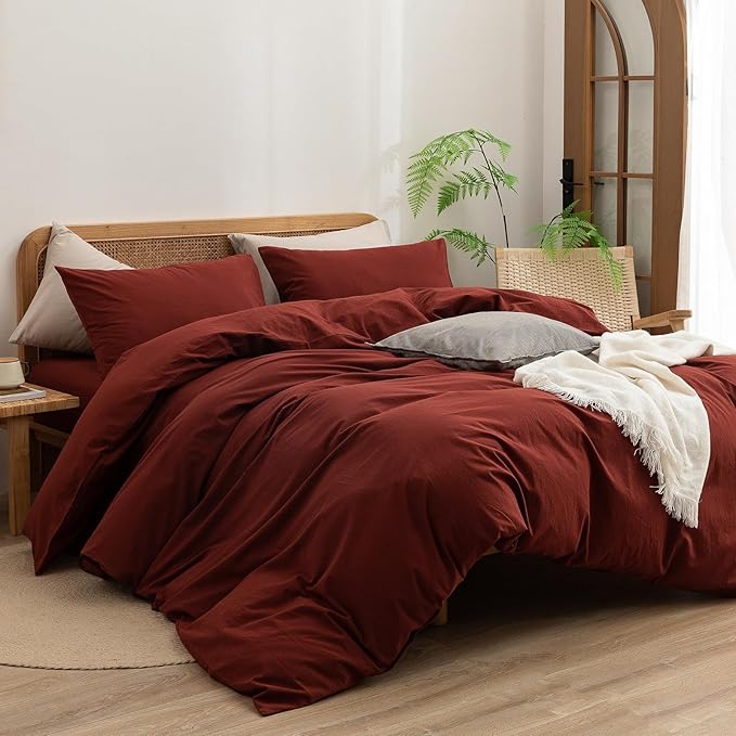 BESTOUCH Duvet Cover Set 100% Washed Cotton Linen Feel Super Soft Comfortable Chic Lightweight 3 PCs Home Bedding Set Solid Fired Brick Red Super King Plus